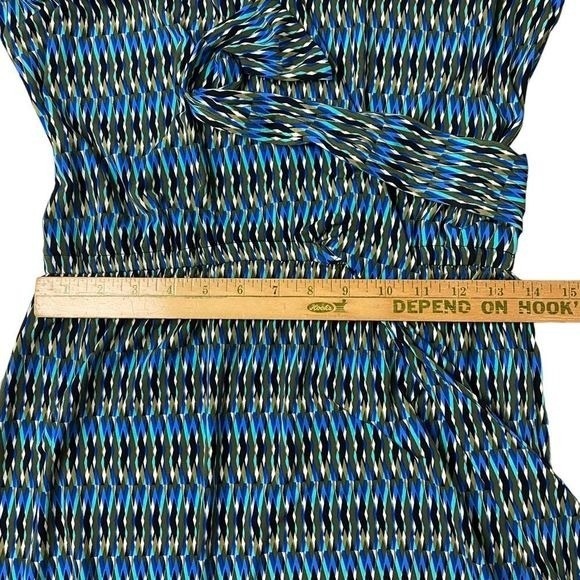 CALVIN KLIEN Women's Faux Wrap Sz 4 Blue Long Sleeve Geo Print Midi Dress - Picture 12 of 15